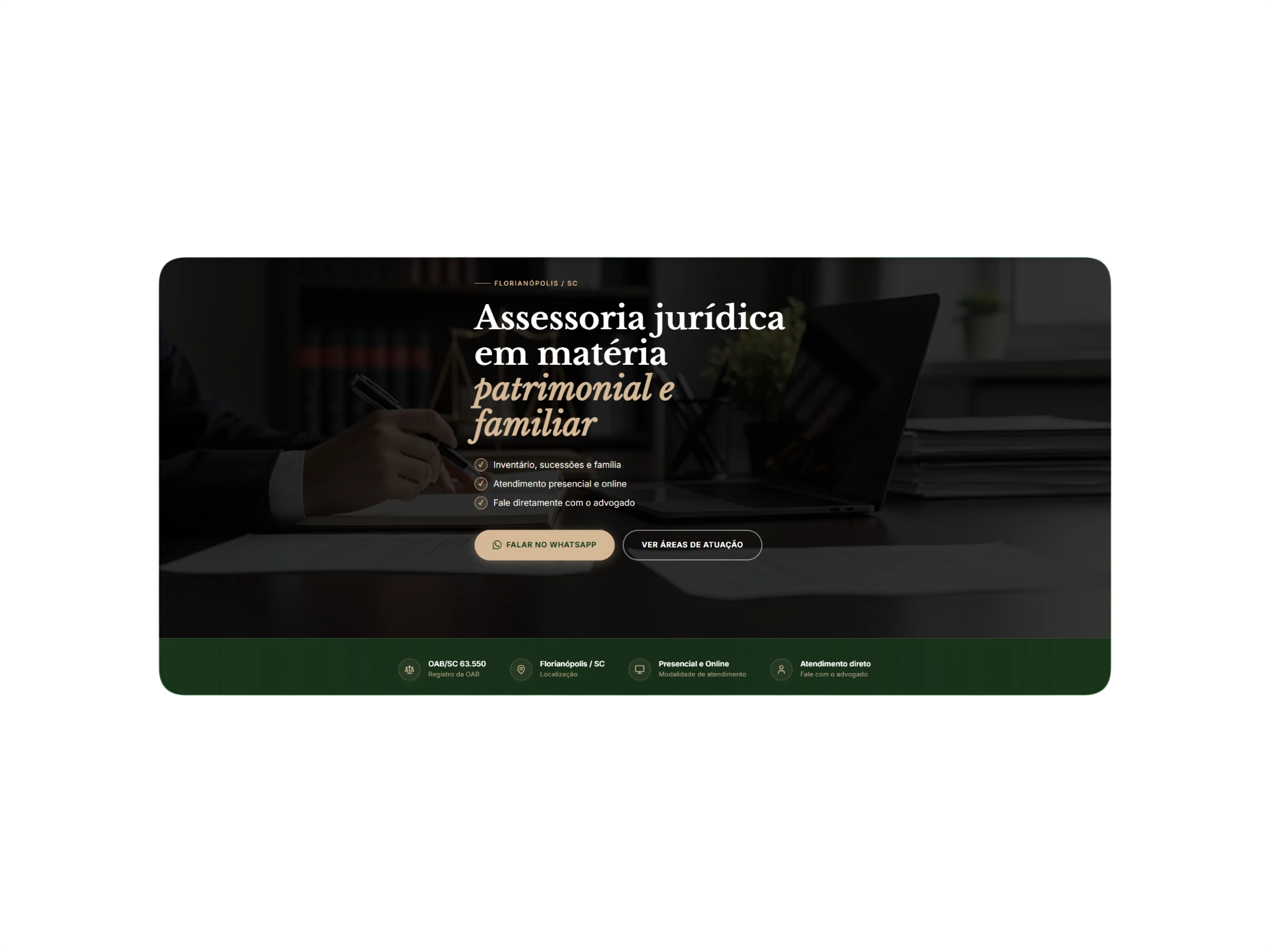 Mockup da landing page de Assessoria Jurídica focada em captação de clientes